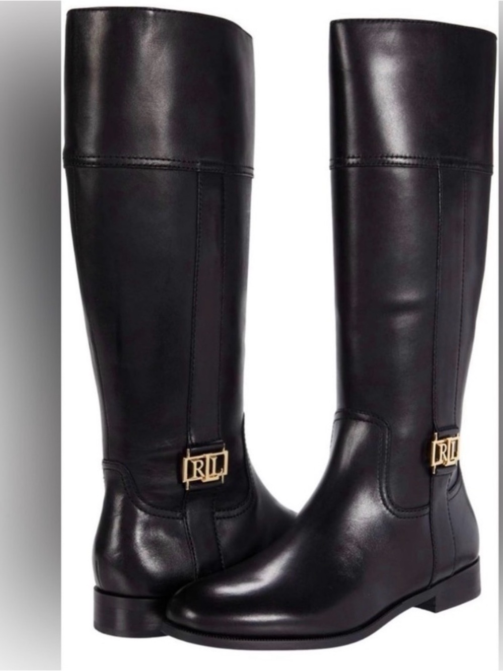 Lauren Ralph Lauren Black Leather Over-the-Knee Riding Boots with Gold RL Emblem